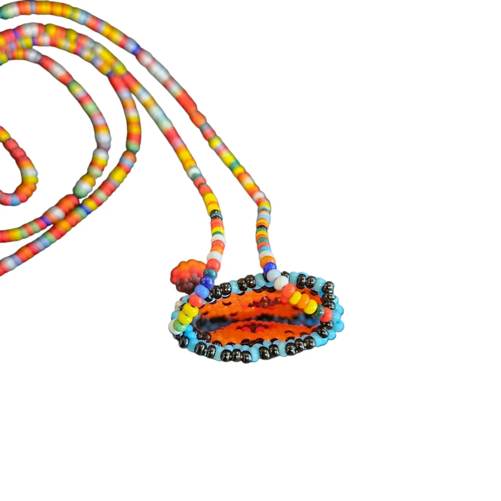 NWT - Colorful Handmade Beaded Necklace with Floral Medicine Pouch
